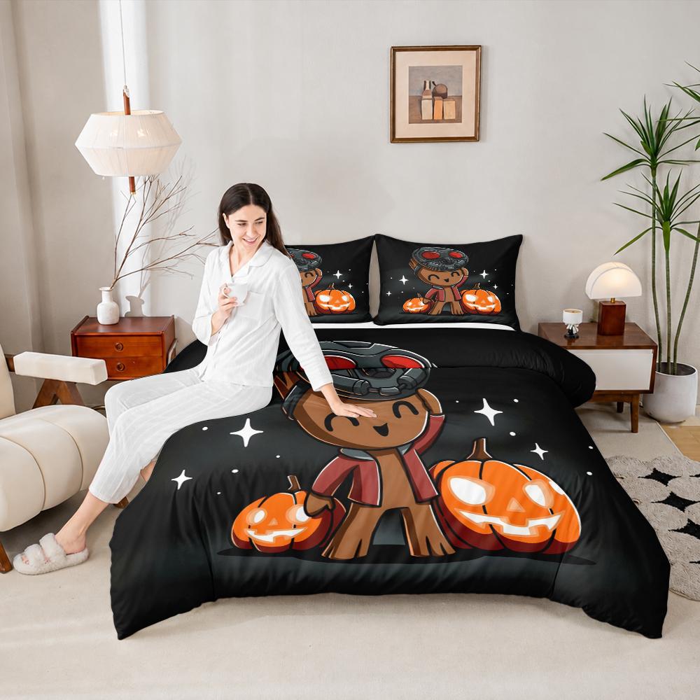 3 Piece Bedding Set Baby Groot Holding Star Lord Mask Halloween Pumpkins Duvet Cover Set, Cute Holiday Marvel Bedding for Kids Bedroom Decor
