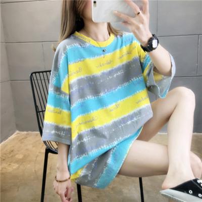 New Summer Style Korean Style Striped Letters Loose Large Size Casual Short-sleeved T-shirt Female Student Top for Women