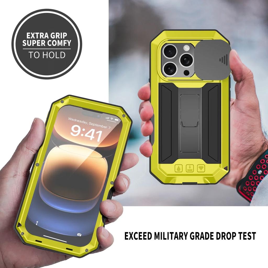 Armor Metal Phone Case for IPhone 17 16e 16 15 14 Plus 13 Pro Max Built-in Kickstand Screen Lens Protect Shockproof Guard Cover