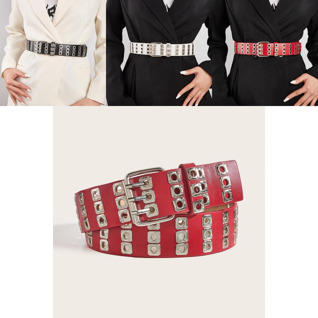 Faux Leather Belt With Iron Buckle And Pierced Pattern For Casual Streetwear And Jeans