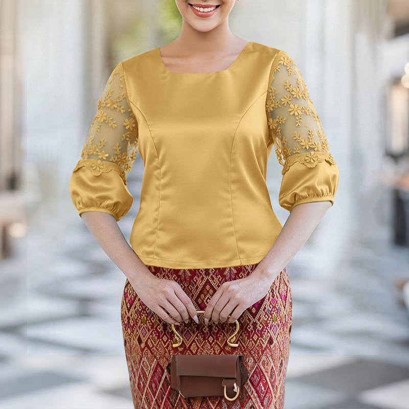 ZANZEA Women Casual Round Neck Embroidery Mesh Splice 3/4 Sleeve Satin Blouse