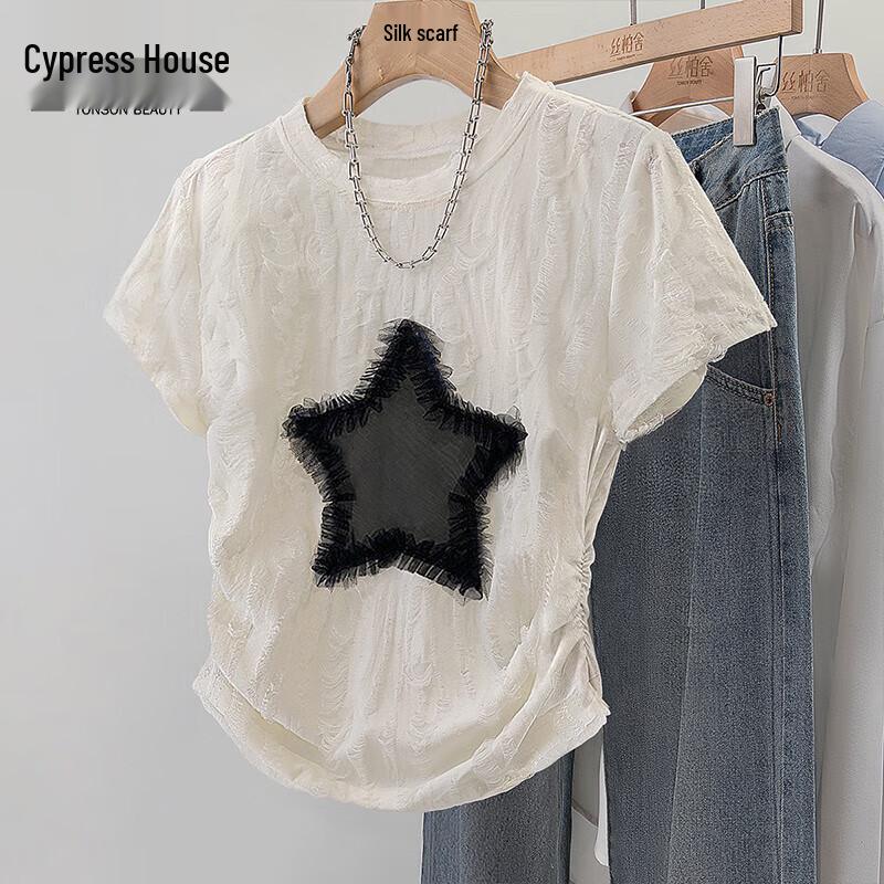 Women s Slim Fit Patchwork Pleated Round Neck T-Shirt S