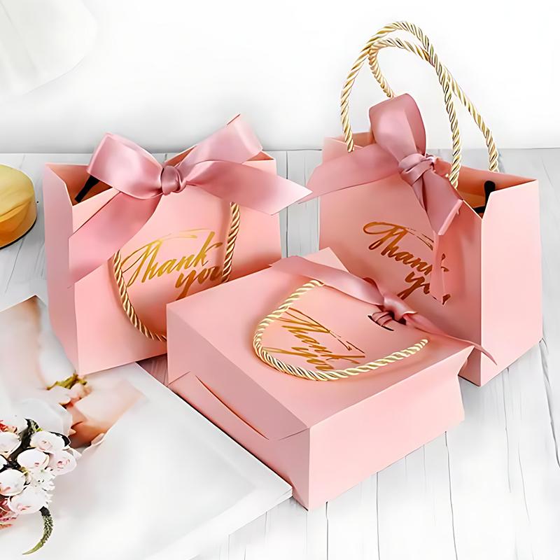 6/12PCS Pack Gift Bag Pink White Black Red Tote Bag Ribbon Bow Decoration Bronzing"Thank You" Text Birthday Wedding Gift Bag ZYF
