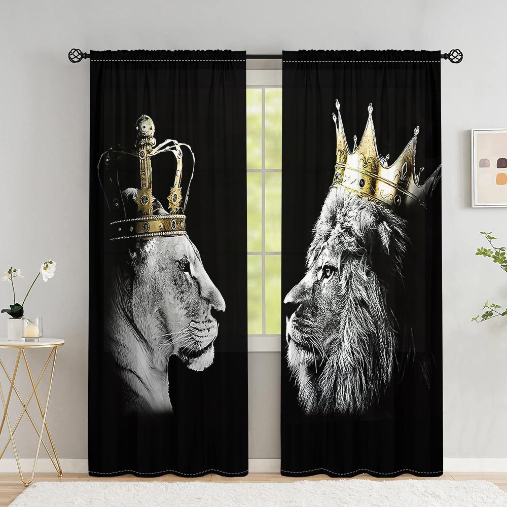 2Pcs Royal Lion Curtains Black White Gold Crown Animal Pattern Living Room Bedroom Study Sunshade Modern Art Decor Curtains