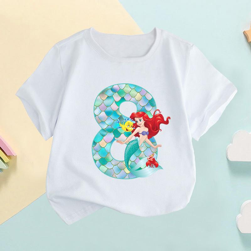 The Little Mermaid Ariel Princess Number Print Girls Clothes 1 2 3 4 5 6 7 8 9 Years Birthday Kids T Shirt Baby T-Shirt