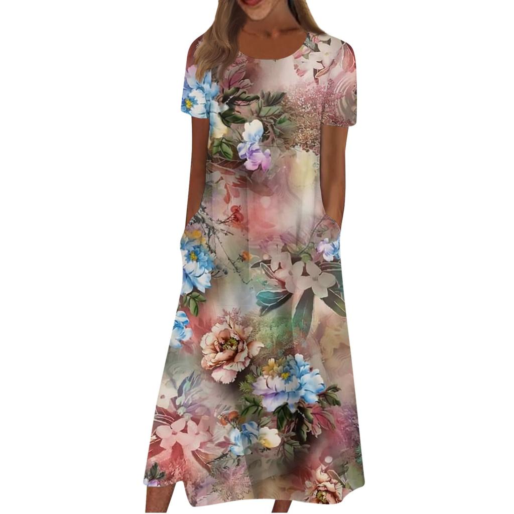 Women's Casual Dresses Printed Dresses Summer Dresses Printed Pleated Round Neck Midi Dresses Basic Classic Outdoor Daily Short Sleeve Loose Dresses