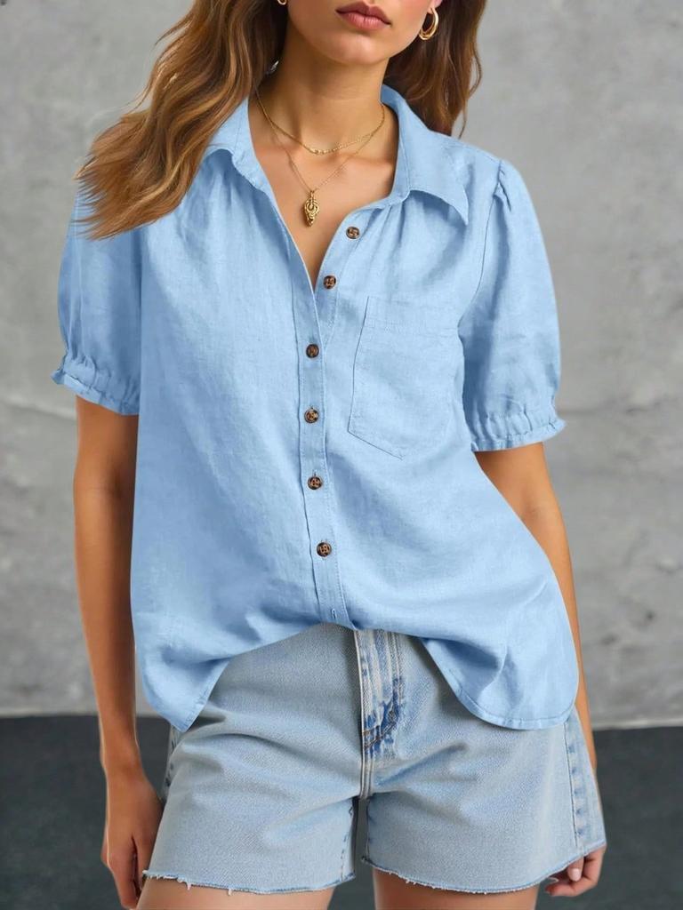 Women's Puff Short Sleeve Button Down Shirt Collared V Neck Linen Work Blouse