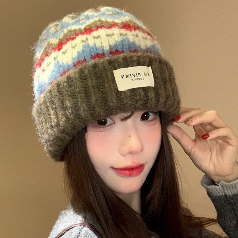 Vintage Fair Island knitted wool hat women's autumn and winter warm versatile ear protection hat loose face small headgear