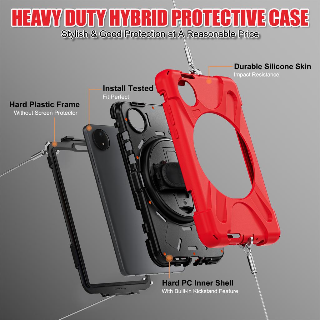 Heavy Duty PC Armor Case for Redmi Pad SE 8.7 360 Rotating Stand Strap Cover for Redmi Pad SE 4G 8.7 inch