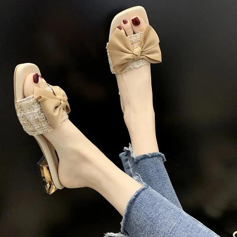 Internet Celebrity Cool Slippers Women's Summer 2021 New Outer Wear Fashion Shoes Drag Bow High Heel Middle Heel Summer Popular Tide Shoes