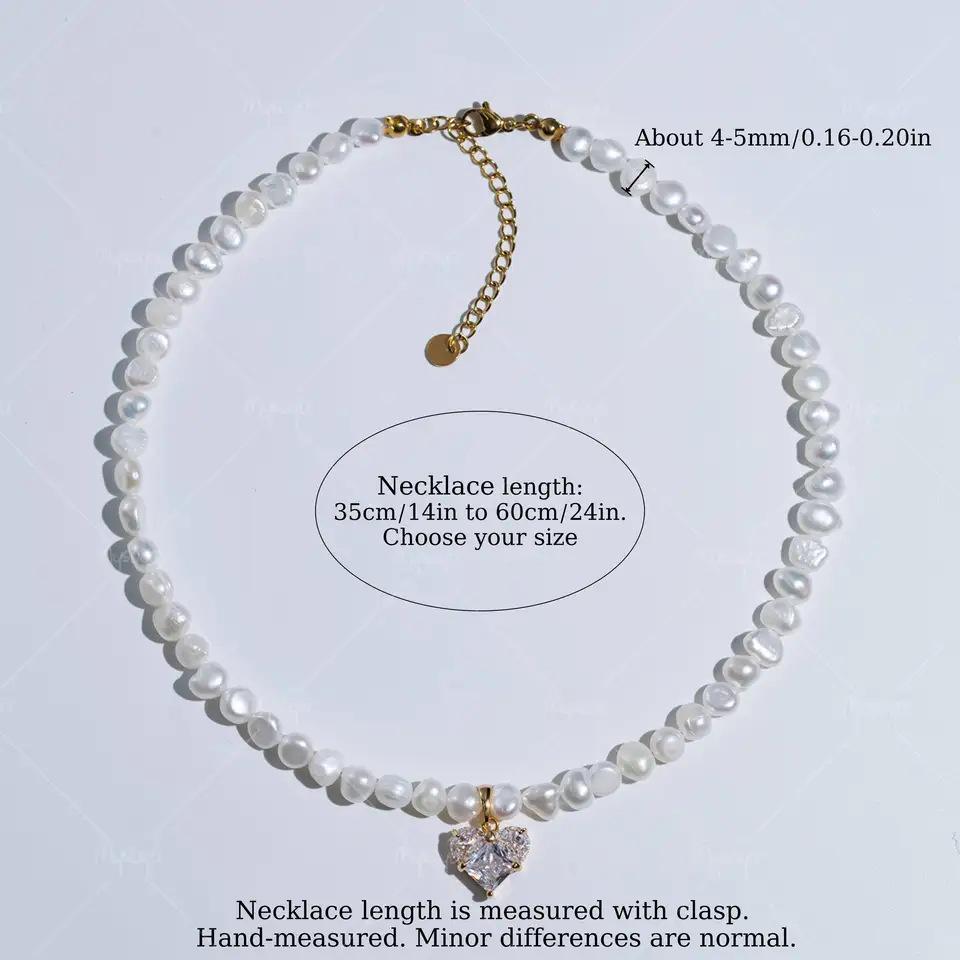 MYSOYA White Baroque Freshwater Pearl Necklace with Gold CZ Heart Pendant (4-5mm) C510 35 cm Necklace