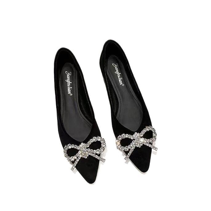 Retro high-end sense versatile temperament bow pointed head thin heel single shoes new sexy suede bow high heels