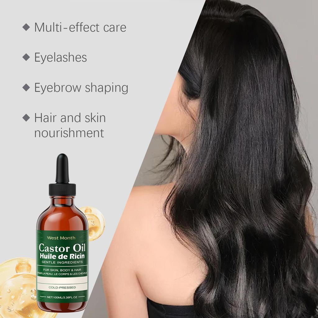 West Month Castor Oil Care Essential Oil Moisturizing & Nourishing Care for Eyelashes, Eyebrows, Hair, and Skin Suitable for Whole Body Use 100ml