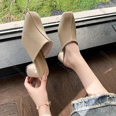 Celebra Baotou Pantofole da Donna a Punta Quadrata Scarpe con Tacco Alto da Esterno Tacco Spesso Tinta Unita Mules Ciabatte
