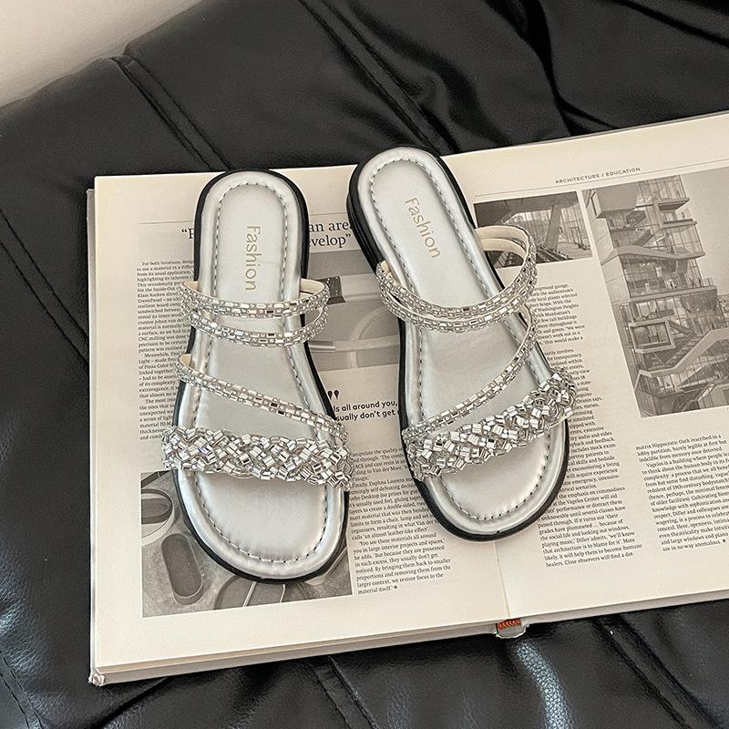 Versatile rhinestone set toe sandals fairy style beautiful slippers summer fashion Internet celebrity two wear thick heel women cool slippers