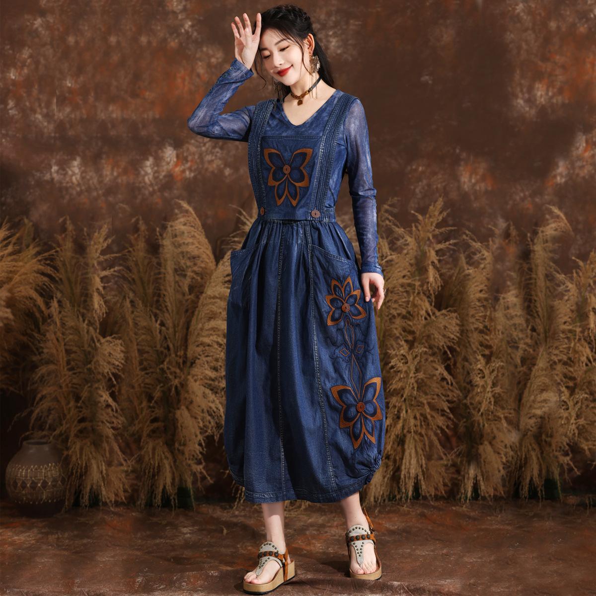 

Johnature Summer Women Fashion Vintage Embroidery Suspenders Cowboy Dress One Word Collar Solid Color Casual Dress L синий
