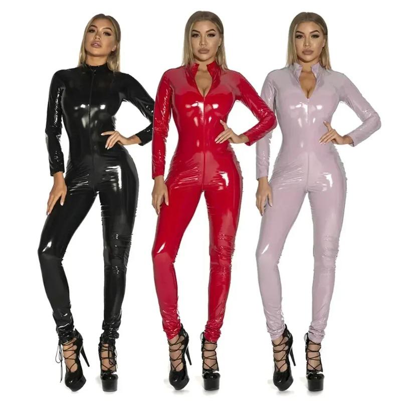 Sexy ženy Catsuit z umělé kůže PVC Latex Body Přední Zip Otevřený Rozkrok Kombinézy Stretch Bodystocking Erotické kostýmy