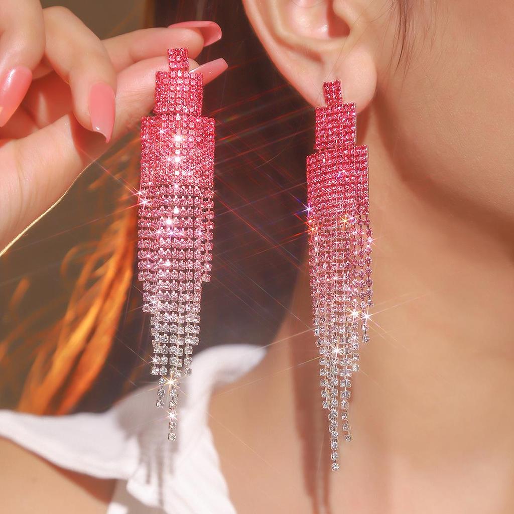 DINGKA Luxury Rhinestone Long Tassel Stud Earrings for Women
