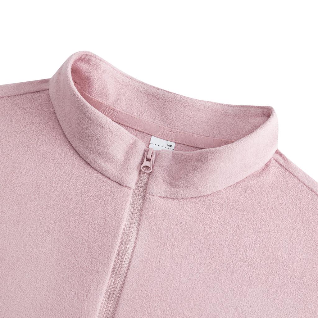 Anta Outdoor Series Comfortable Casual Versatile Slim Fit Base Layer Half Zip Fleece Long Sleeve Women Tops Soft-Pink 962546401-2