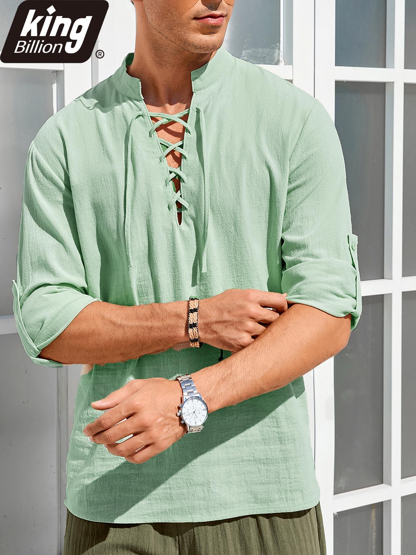 

Men s Casual Lace-Up V-Neck Shirt 3/4 Roll-Up Sleeves Solid Color Loose Fit Linen-Like Top for Summer Beach Vacation Daily Trendy Wear XXXL зелёный