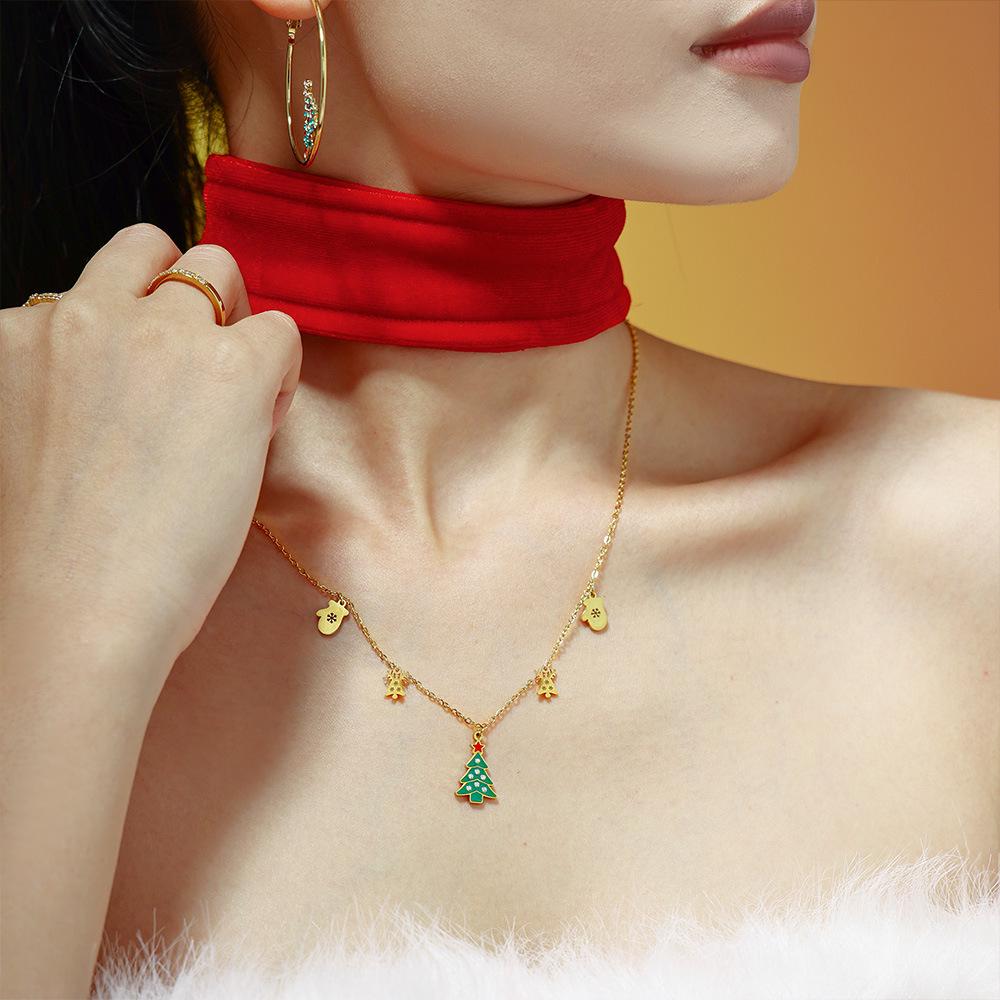 Green Zircon Sugar Cube Christmas Tree Drip Necklace: Romantic Titanium Steel Multi-Pendant Clavicle Chain Gift for Women