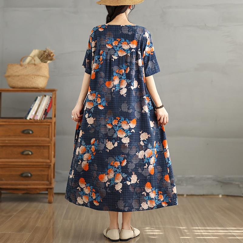 DIMANAF 2025 Women Plus Size Spring Summer Dress Casual Floral Dress Basic Vintage Loose Long Dress Maxi 9299