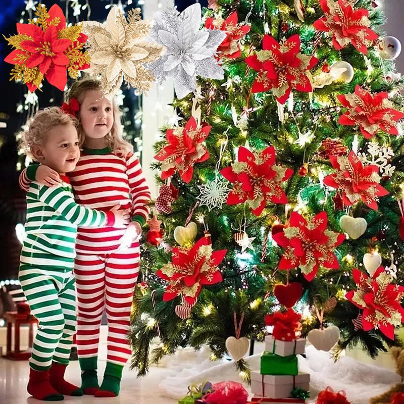 10PCS/Bag Christmas Flowers Glitter Artificial Poinsettia Floral Xmas Tree Ornaments DIY Garlands Home Wedding Party Decor