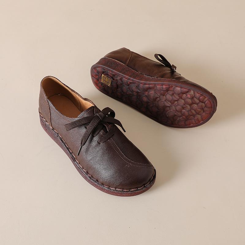 Johnature Genuine Leather Soft Soled Women's Shoes Casual Solid Color Versatile Lace-up Flats