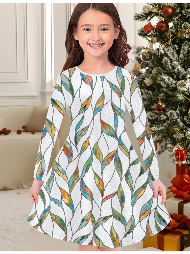 Rochie de Modă de Toamnă și Iarnă pentru Fete, Imprimeu Floral 3D, Gât Rotund, Mânecă Lungă, Rochie Tricou Lungă pentru Copii, Casual Versatilă, Îmbrăcăminte de Crăciun