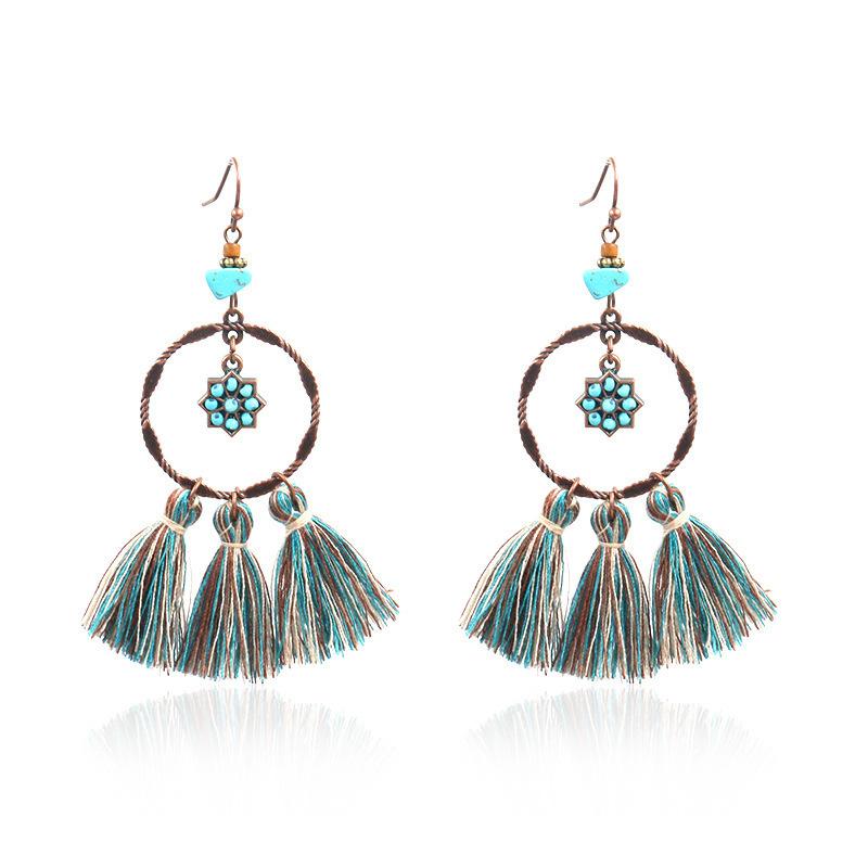 GemChic Women's New Vintage Geometric Metal Turquoise Long Tassel Fringe Earrings Ethnic Fashion Hook Earrings Birthday Christmas Jewelry Gift