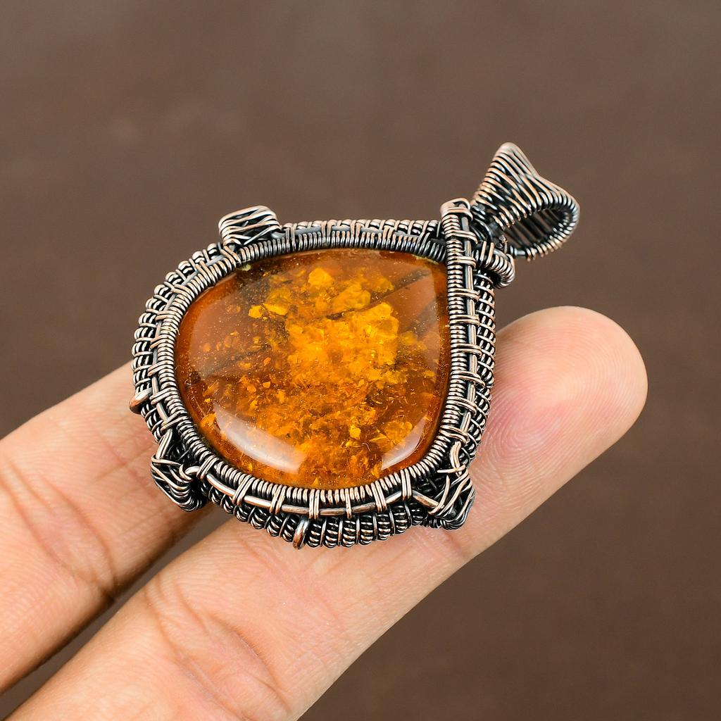 Natural Baltic Amber Gemstone Handmade Copper Wire Wrap Pendant 2.17" n4f41
