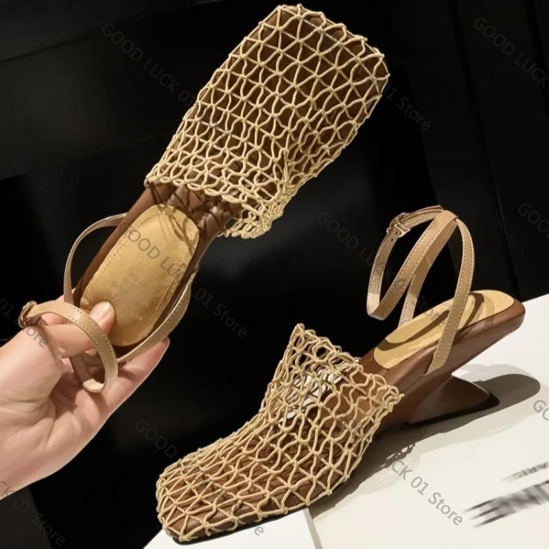 Fashion Weave Mesh Women Heeled Sandals Hollow High Heels Shoes Woman Square Toe Slingback 2025 Summer Trend Beach Pumps Sandalias Mujer