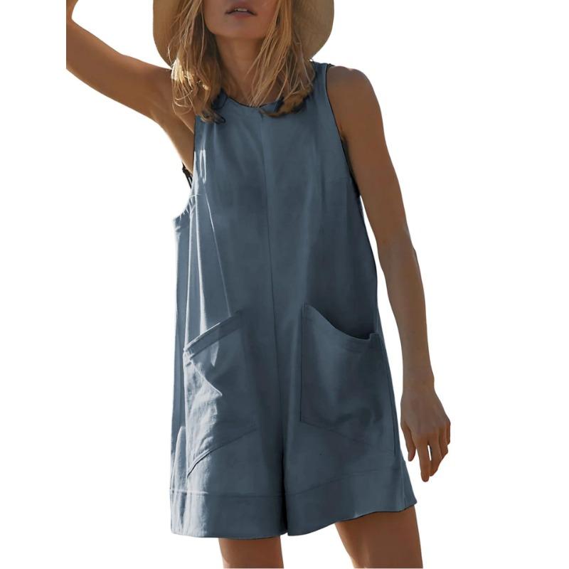 Casual Jumpsuit Summer Loose Sleeveless Pocket Body Shorts Women