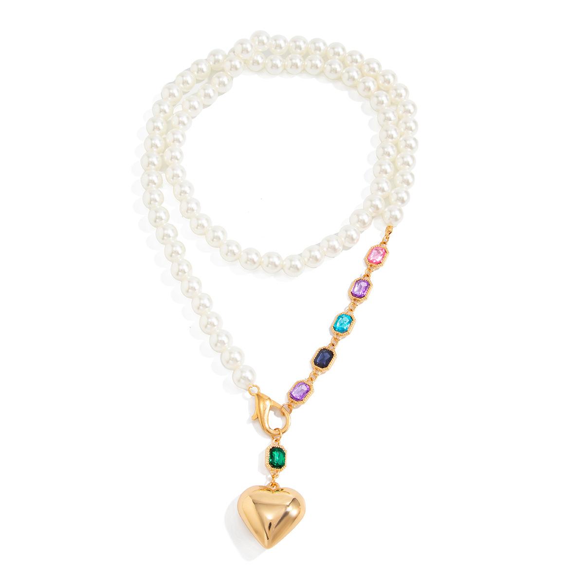 

Imitation Pearl Beads Collarbone Chain Gemstone Heart Pendant Necklace
