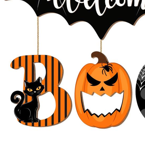 Rustic Wooden Welcome Board Halloween BOO Door Sign, Spooky Bat Hanging Ghost Pumpkin Holiday Party Wall Decoration Black Cat Hanger Ornaments