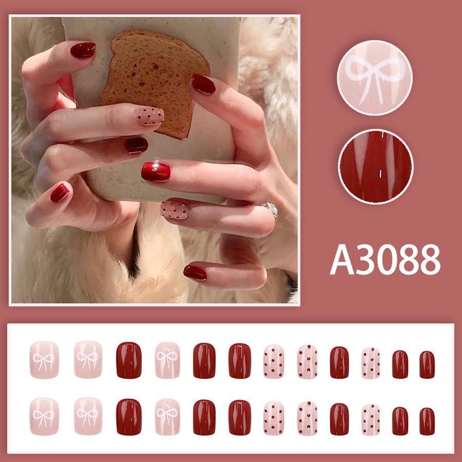 Red Polka Dot Bow 24-Piece Korean Style Nude Pink Nail Stickers for New Year