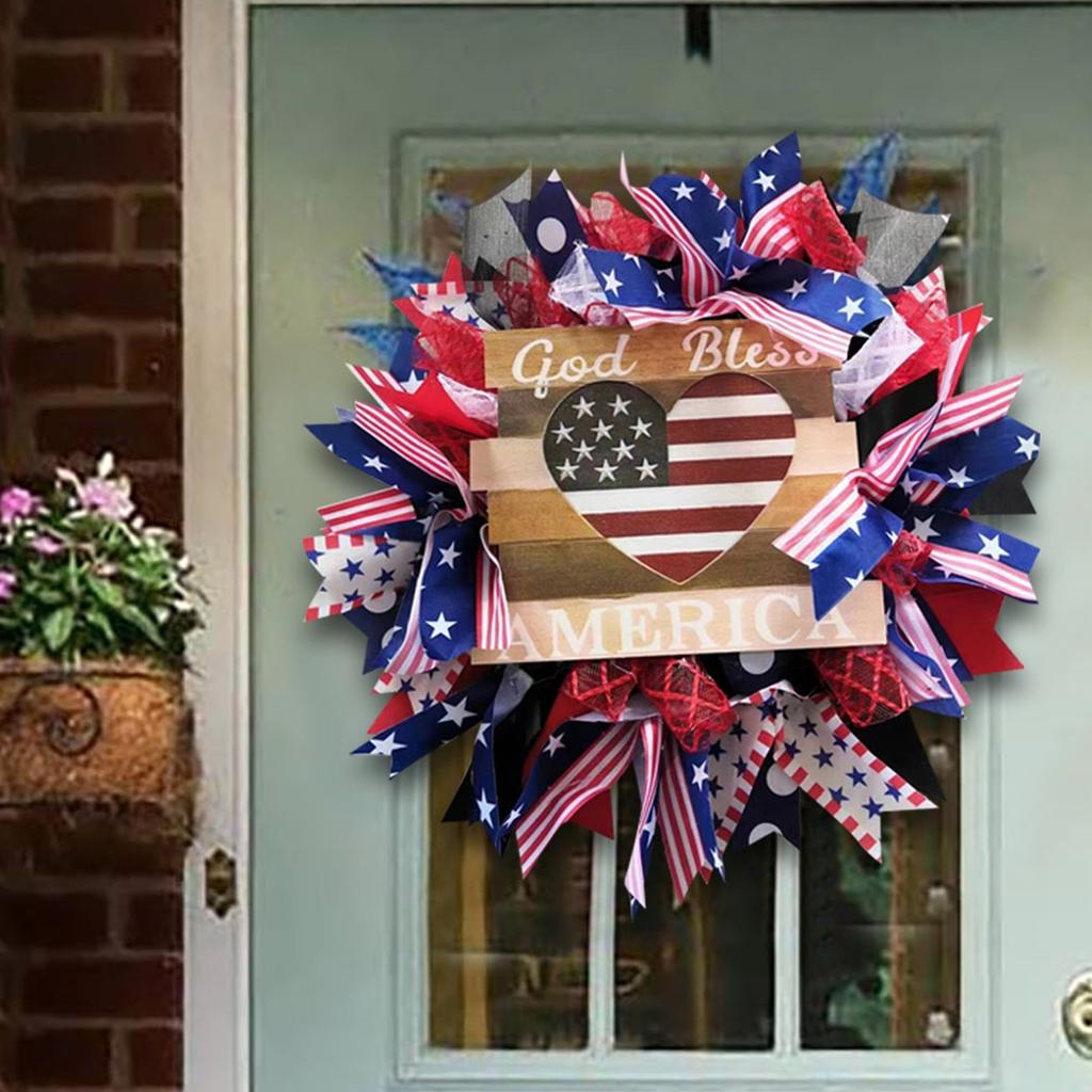 Wooden Heart Shaped Patriotic Wreath with Ribbon Bows and Star Stripe Printed Board for Front Door Home Decor