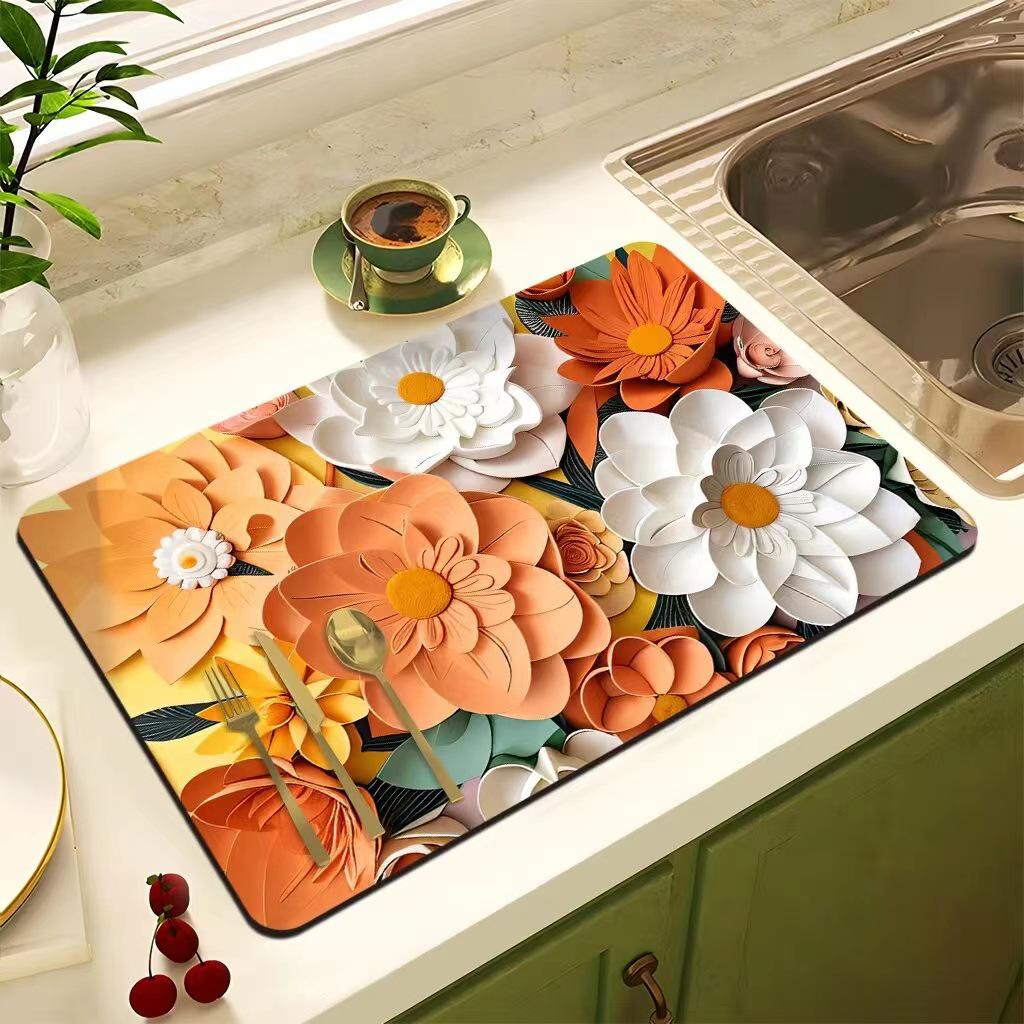 Oil Painting Style Floral Water-Absorbent, Stain-Resistant Kitchen Mat – Heat Insulation, Wear-Resistant, Easy-Clean Draining Mat