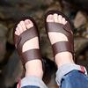 Men Brown Flats Slippers Summer Outdoor Wide Head Hiking Sandals Retro Black Leather Open Toe Beach Shoes Plus Size
