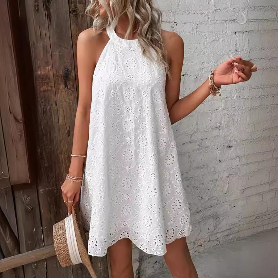 Women's Floral Lace Solid Sleeveless Buttoned V-Neck Dress - Summer New Arrivals