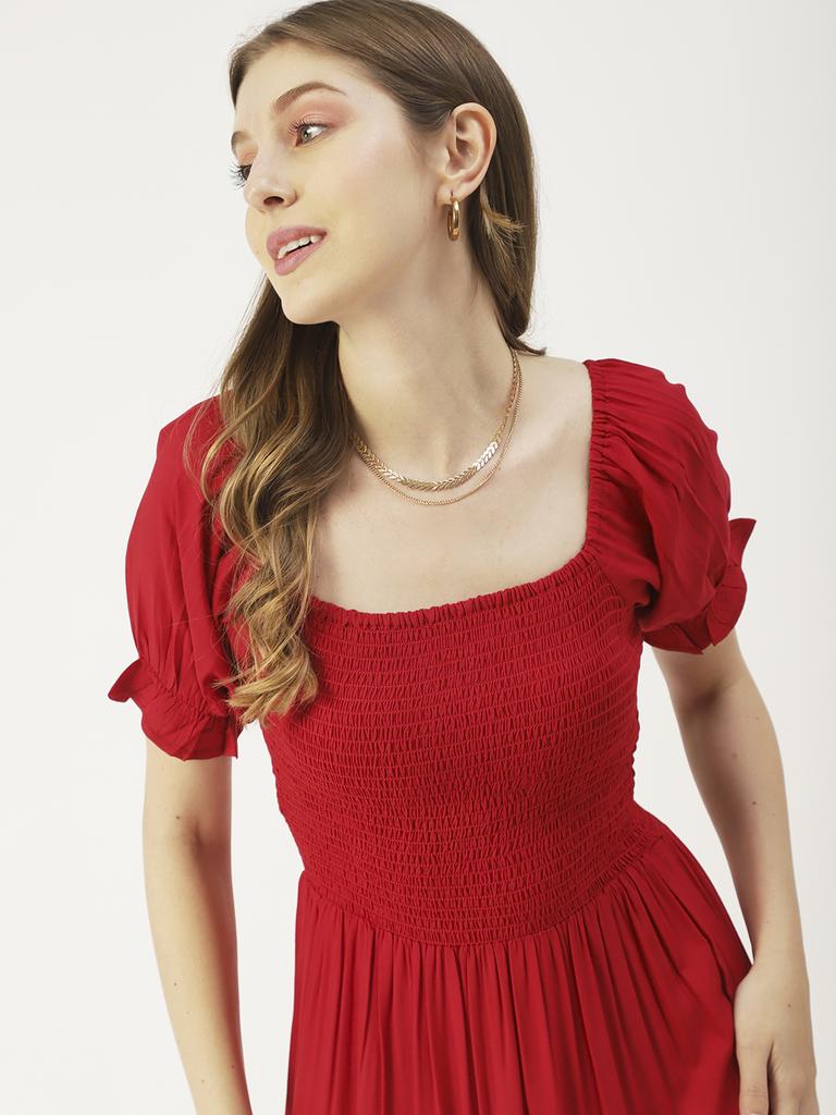 Moomaya Printed Viscose Rayon Summer Dress, Square Neck Smocked Long Dress