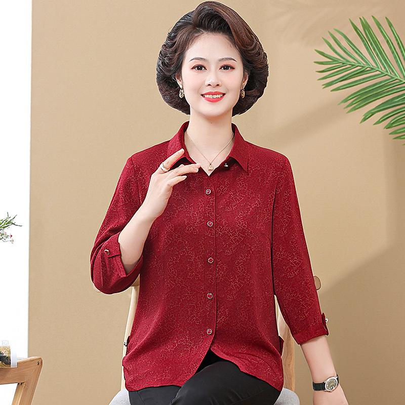 

Chiffon Mother-in-Law Formal Blouse, 3/4 Sleeve for Elderly Women, Perfect for Spring and Autumn Wedding Events. 4XL (recommended 135-150 jin) червоний