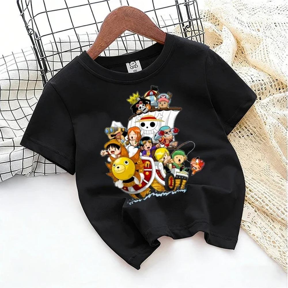 One Piece Anime Children's T-shirt Zoro Luffy Cartoon Print Pure Cotton T-shirt Street Casual Short-sleeved Kids Clothing Top