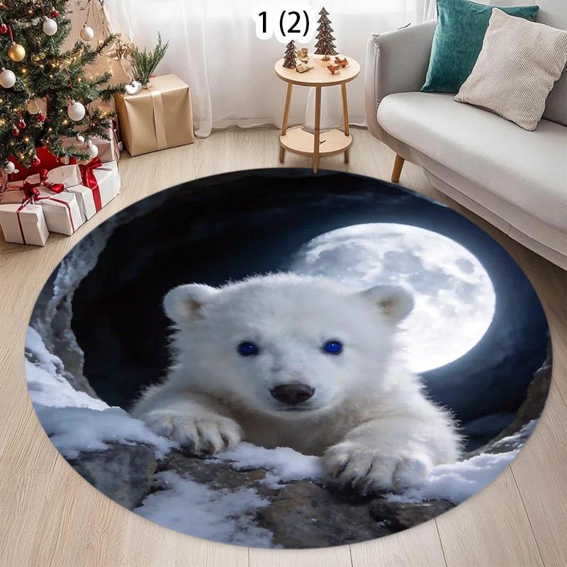 2D Polar Bear Hole Area Rug, Realistic Arctic Bear Print Round Carpet, Non-Slip Funny Floor Mat, Christmas Living Room Decor Rug