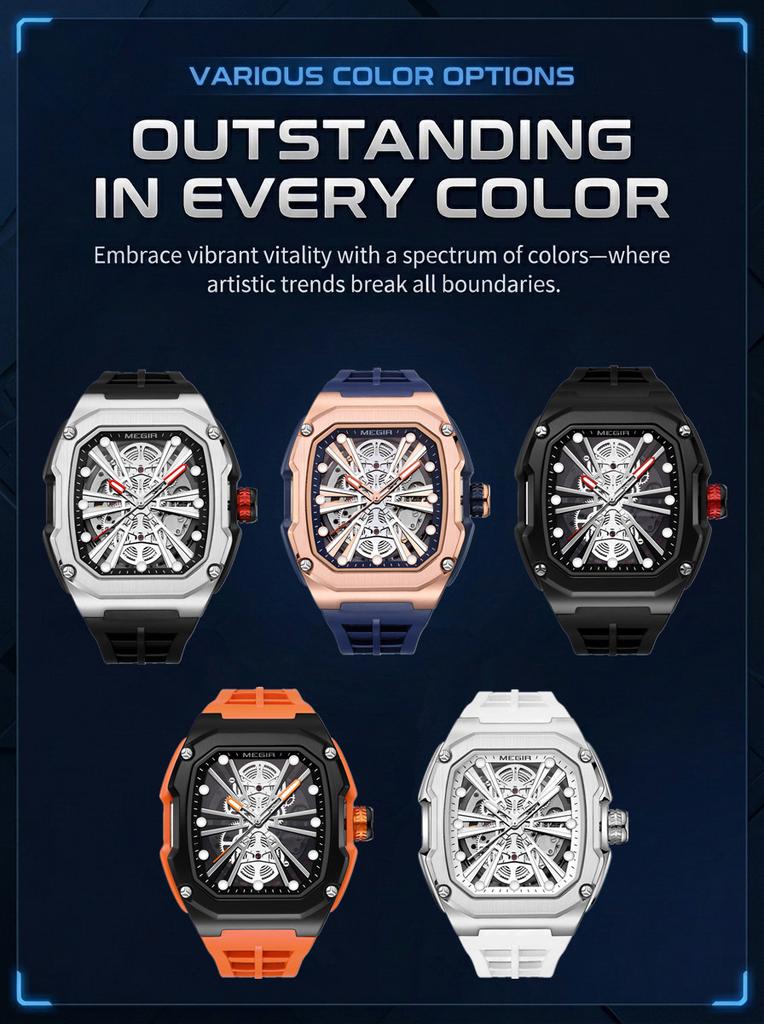 MEGIR Automatic Mechanical Watch for Men Skeleton Dial Waterproof Luminous Men's Sport Casual Wristwatch Clock Reloj Hombre 8607