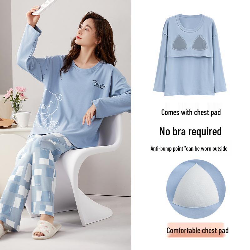 

Женская хлопковая пижама с длинным рукавом и нагрудными вкладышами, Зима 2023, Домашняя одежда цвета матча. Medium