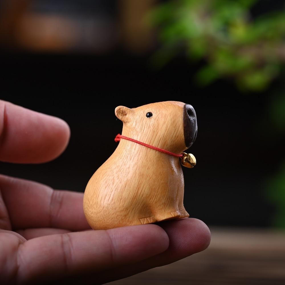 Cute Cartoon Capybara Desktop Figurine Handcrafted with Bell Collar Mini Animal Sculpture Wooden Carved Figurine Home Ornament
