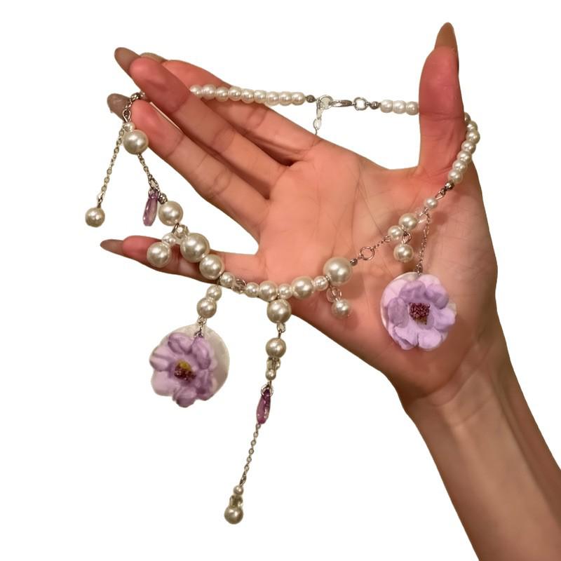 Elegant French Fabric Flower & Pearl Necklace: Glass Beaded Vacation Sweater Chain