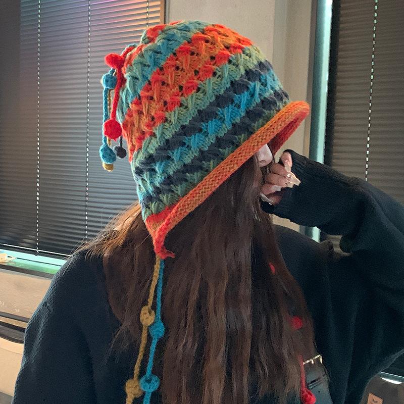 Fashion designer handmade crochet colored ball wool hat women's autumn and winter ear protection pullover knitted hat