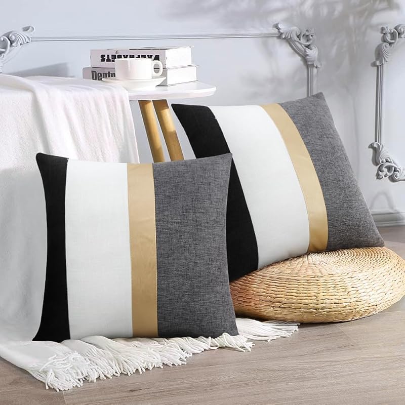 Faux Leather and Cotton Throw Pillow Covers 18x18 Inch Set of 2 Black and White Decorative Pillow Covers with Gold Stripe Patchwork Modern Farmhouse